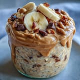 A spoonful of creamy High-Protein Peanut Butter Overnight Oats reveals a thick, satisfying texture, perfect for a quick and healthy breakfast.