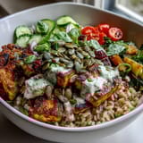 Freshly prepared Simple Grain Bowl with grilled chicken, quinoa, and vibrant veggies, drizzled with lemon dressing for a healthy lunch.