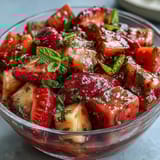 Fresh strawberry lemonade fruit salad with juicy berries, tropical pineapple, and crisp grapes, drizzled in zesty lemon-honey dressing.