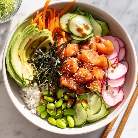 This vibrant Poke Bowl features sushi-grade tuna, crisp vegetables, and creamy avocado on a bed of fluffy rice.