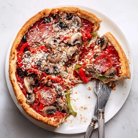 Golden, bubbling Deep Dish Pizza from Chicago, featuring a thick, buttery crust with melted cheese and chunky tomato sauce.