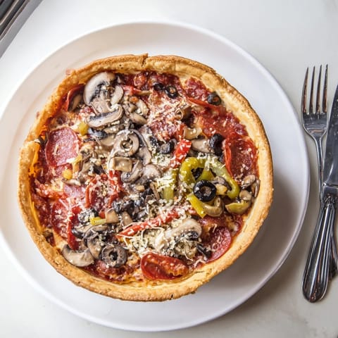 Freshly baked Deep Dish Pizza in a cast iron pan, loaded with colorful bell peppers, mushrooms, and savory pepperoni toppings.