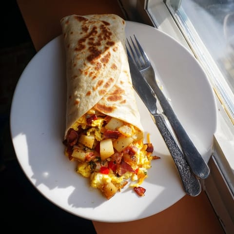 Golden-brown Breakfast Burrito cut in half, revealing a hearty filling of bacon and sautéed bell peppers.