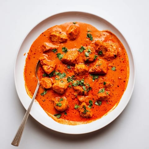 A steaming bowl of Chicken Tikka Masala, its creamy orange sauce ladled over tender chicken pieces next to garlic naan.