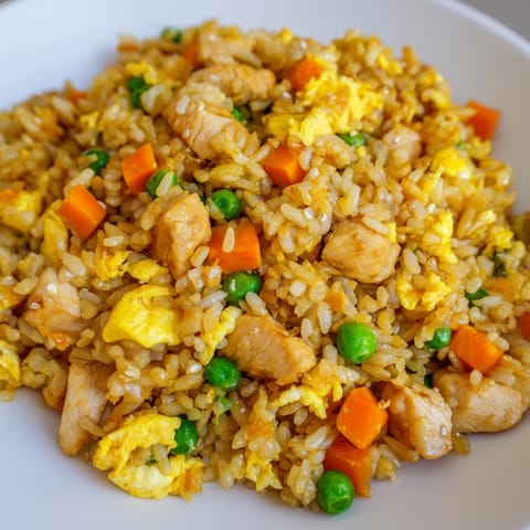 Golden wok-fried Chicken Fried Rice piled high in a white bowl, garnished with fresh green onions.