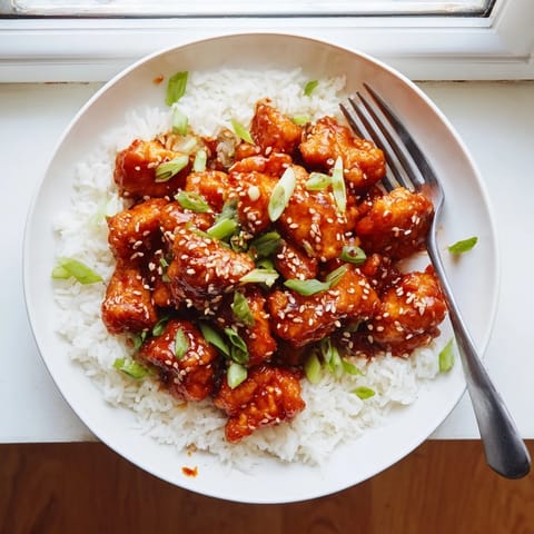 Crispy fried General Tsos Chicken coated in sticky sweet and spicy sauce served over steamed white rice.
