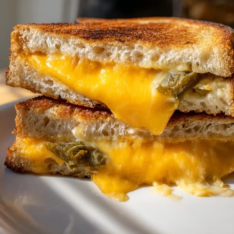Crusty sourdough slices frame this Cheddar Jalapeño Grilled Cheese, served warm beside a bowl of tomato soup.