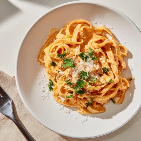 A close-up of Sriracha Honey Pasta twirled on a fork, glistening with creamy, spicy-sweet sauce and fresh parsley.