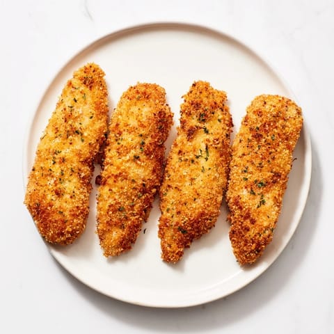 Golden Crispy Panko Chicken Strips arranged on a wire rack, perfectly baked with a crunchy herb coating.