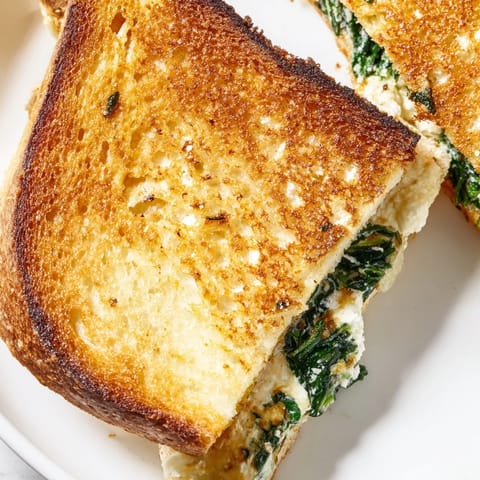A close-up of a Feta & Spinach Stuffed Grilled Cheese, featuring vibrant green spinach and crumbled feta inside.