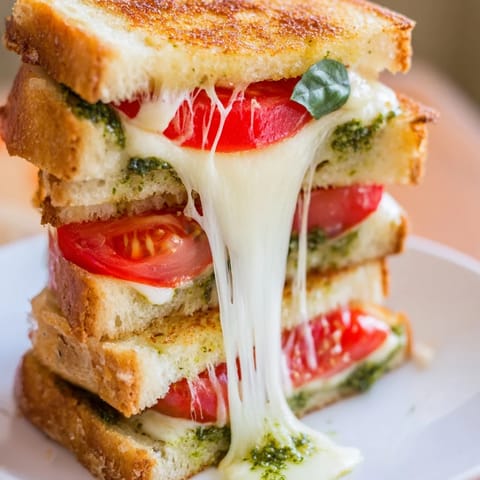 A close-up of Caprese Pesto Grilled Cheese, showing melted mozzarella and tomato slices oozing between crispy, golden-brown sourdough bread.