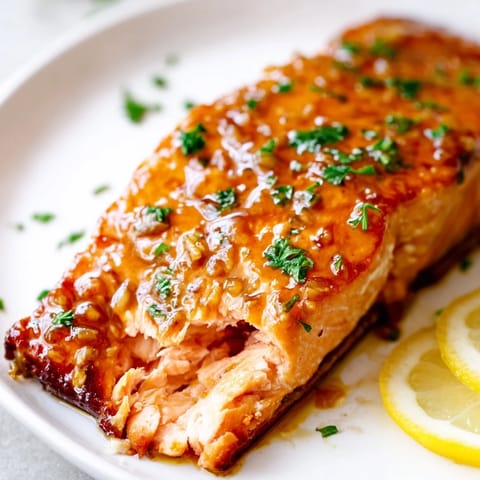 Glossy honey garlic glazed salmon fillets, caramelized and tender, served alongside lemon wedges and fresh parsley.