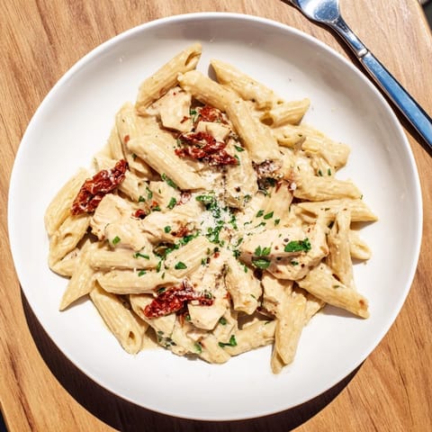 Steaming bowl of creamy sun-dried tomato chicken pasta garnished with fresh basil and extra Parmesan cheese.