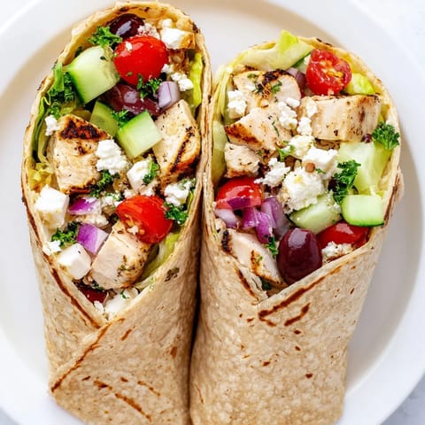 Golden-brown grilled chicken pieces atop vibrant Greek salad with crumbled feta, tucked inside a warm flour tortilla.  