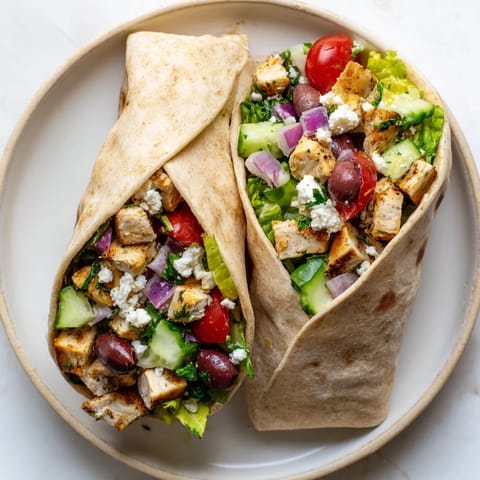 Freshly assembled Greek Lemon Chicken Salad Wrap showcases juicy marinated chicken, crisp veggies, and tangy feta cheese.  