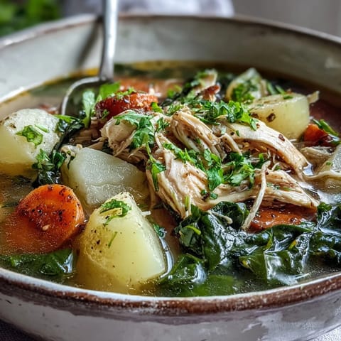 A close-up of vibrant Collard Greens, Chicken and Vegetable Soup garnished with fresh parsley, showcasing hearty vegetables in every ladleful.
