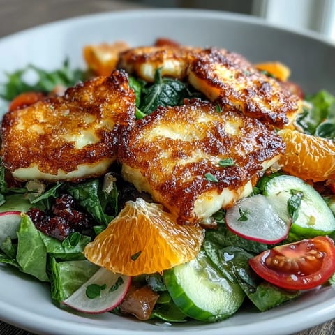Crispy golden halloumi and blood orange slices top a vibrant Halloumi Blood Orange Fattoush salad with fresh greens and crunchy sourdough croutons.