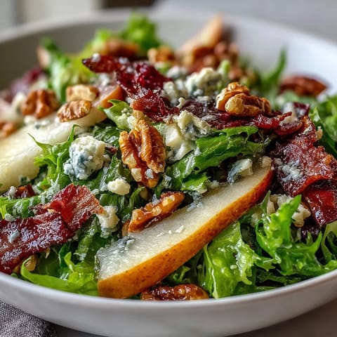 The frisée, pear, blue cheese, and crispy prosciutto salad is drizzled with tangy vinaigrette.