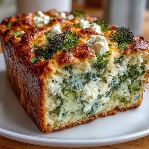 Slices of moist Broccoli and Feta Loaf with creamy cheese crumbles, served beside a bowl of tomato soup.