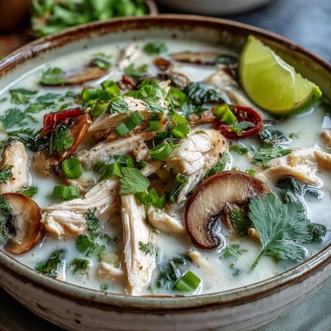 Spoon lifting creamy coconut broth with chicken and mushrooms from a bowl of Authentic Tom Kha Gai.