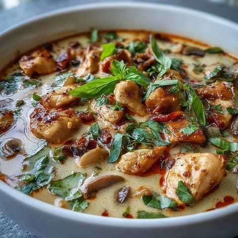 Thai Chicken Coconut Curry Soup in a rustic bowl, showing creamy broth with tender chicken, shiitake mushrooms, and vibrant red chili slices.