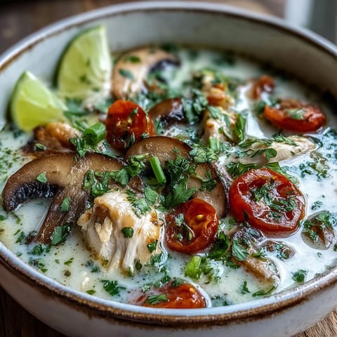 Thai coconut broth for Best Ever Tom Kha Gai Soup garnished with cilantro, lime wedges, and sliced chili.