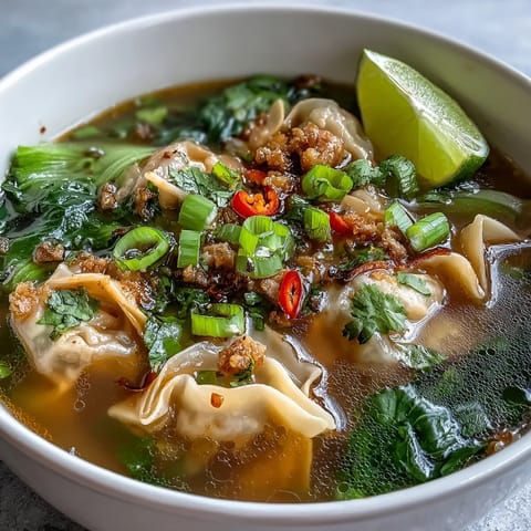 Steaming Tom Yum Wonton Soup in a rustic ceramic bowl, showcasing tender pork dumplings in a clear, aromatic Thai broth.