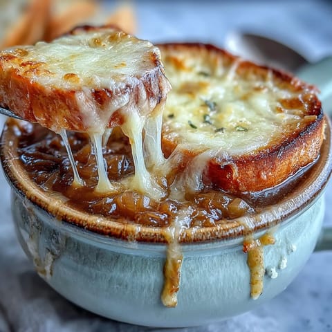 Freshly broiled French Onion Soup, with crusty bread submerged in a rich, dark beef broth and topped with bubbling Gruyère cheese.