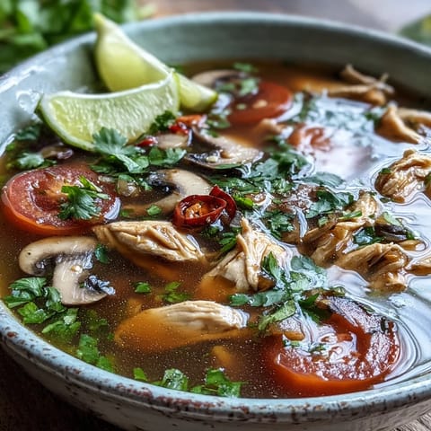 Bright green cilantro and spring onions garnish a fragrant bowl of Tom Yum Chicken, paired with fresh lime wedges on the side for an extra citrusy kick.