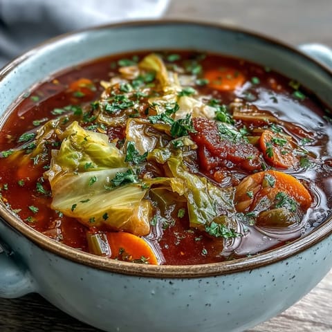 Classic Cabbage Soup simmering in a pot, releasing steam with visible diced tomatoes and fresh parsley garnish.
