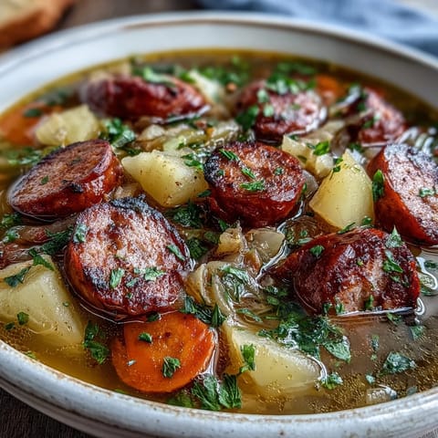 Hearty Sausage, Potato and Cabbage Soup steaming in a rustic bowl, garnished with fresh parsley.