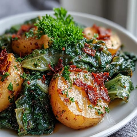 Tender green cabbage and golden potatoes simmered in a savory chili-spiced broth in a Dutch oven, steaming gently.