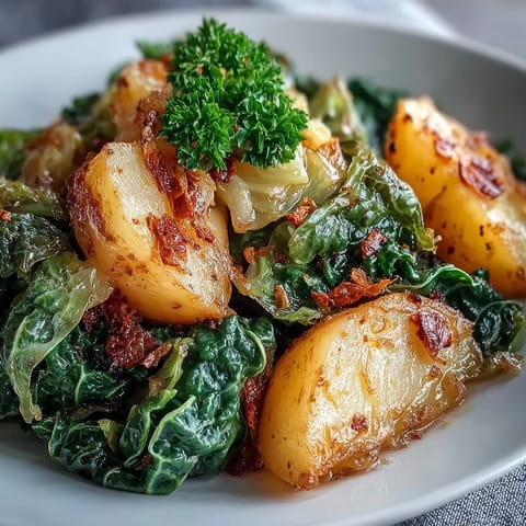 Close-up of Braised Cabbage With Potatoes and Chili, featuring soft potatoes and vibrant red chili flakes for a comforting meal.