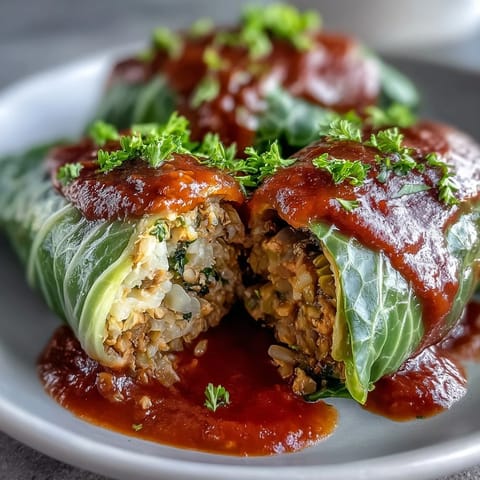 Golden-brown edges of tender cabbage leaves surround hearty lentil and brown rice filling in these Baked Vegan Cabbage Rolls.