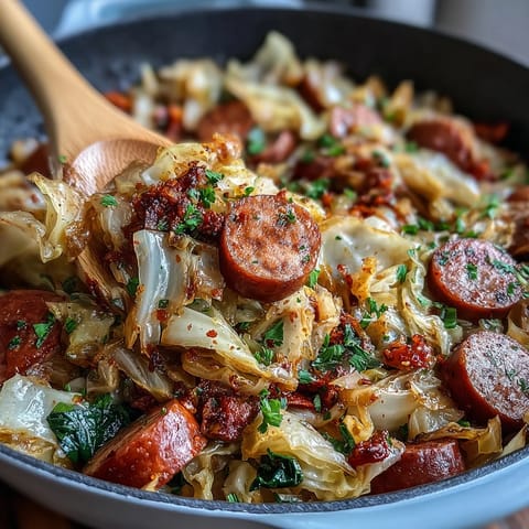 Tender green cabbage and smoky sausage simmered in a skillet, garnished with fresh herbs.