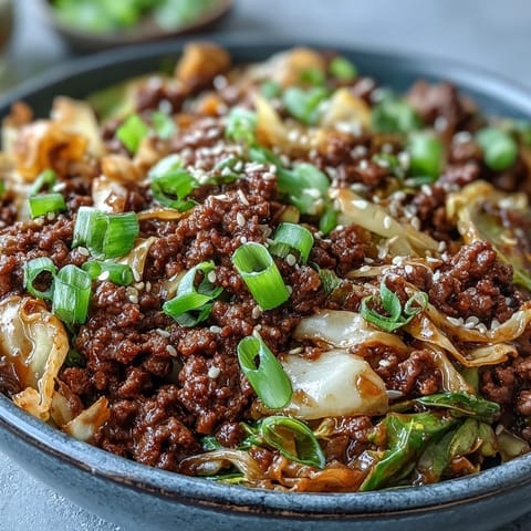 Hot wok of Chinese Ground Beef and Cabbage Stir-Fry tossed with green onions, garlic, and ginger for dinner.