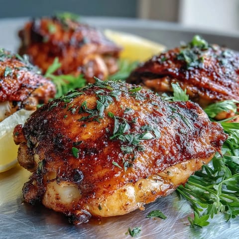Crispy Baked Bone-In Chicken Thighs with golden, crackling skin and juicy, succulent dark meat on a foil-lined baking sheet.