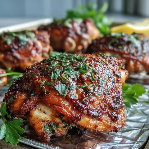 Golden Crispy Baked Bone-In Chicken Thighs rest on a wire rack, garnished with fresh parsley and served with lemon wedges.