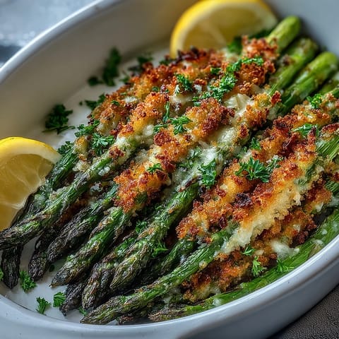 Golden-baked Crispy Asparagus Asiago Spears with crunchy panko and melted Asiago, served with lemon wedges.