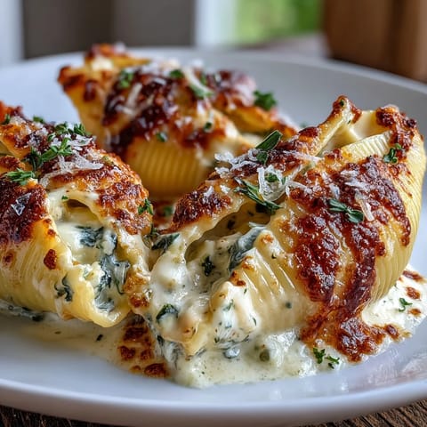Golden, bubbly Pumpkin & Gouda Stuffed Shells bake in creamy brown butter Alfredo with crispy sage garnish.