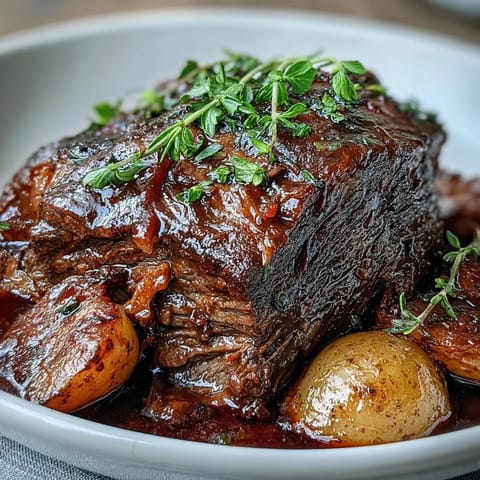 Golden brown beef pot roast surrounded by tender carrots, celery, and baby potatoes in rich brown gravy.