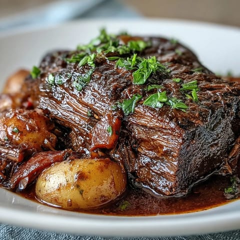 Slow-braised beef pot roast served on a white platter with herbs and luscious red wine sauce.