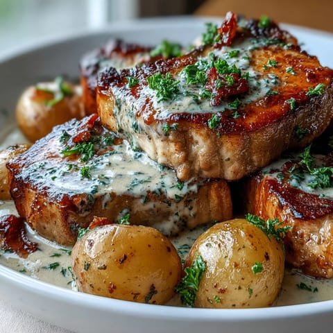Tender Crockpot Ranch Pork Chops with potatoes and carrots in a rich ranch gravy, garnished with fresh parsley on a plate.
