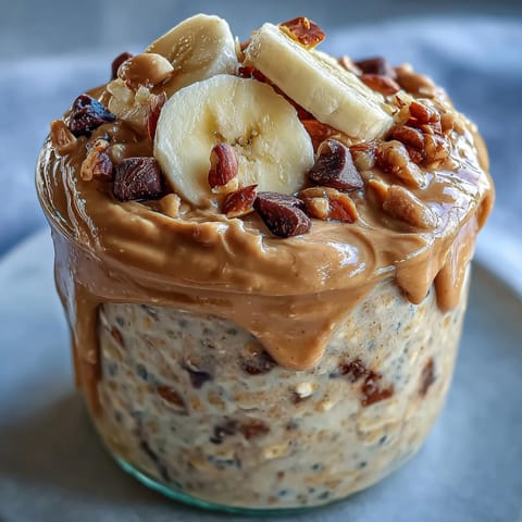 A spoonful of creamy High-Protein Peanut Butter Overnight Oats reveals a thick, satisfying texture, perfect for a quick and healthy breakfast.