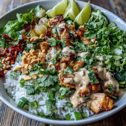 Freshly prepared Thai Peanut Chicken Bowl featuring tender chicken, crunchy carrots, bell peppers, and chopped peanuts garnish.