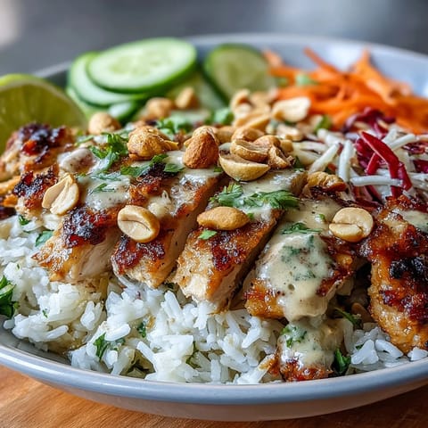 Golden coconut rice topped with grilled chicken slices, crunchy carrots, red cabbage, and peanuts, all drizzled with creamy peanut sauce in a white bowl.