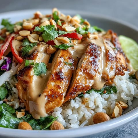 Golden-brown baked chicken slices rest on fluffy brown rice, surrounded by crisp carrots, red bell peppers, and purple cabbage, all generously drizzled with creamy peanut sauce.