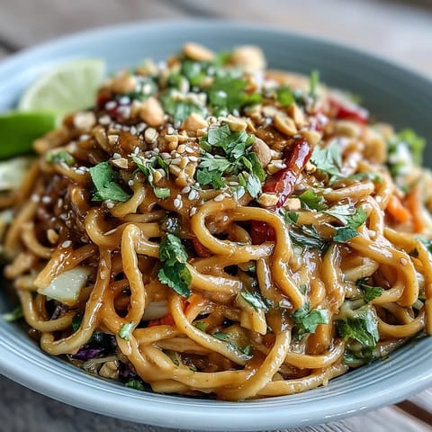 Asian Peanut Noodle Bowl served with lime wedges, sesame seeds, and vibrant shredded vegetables, ready to enjoy.