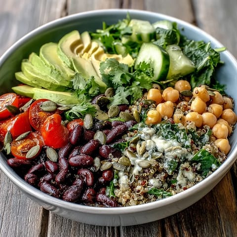 Hearty Three-Bean Power Bowl topped with sliced avocado and fresh cilantro, served as a vibrant, protein-packed vegetarian meal.