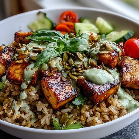 Close-up of a colorful Simple Grain Bowl filled with brown rice, chickpeas, avocado slices, cherry tomatoes, and pumpkin seeds.
